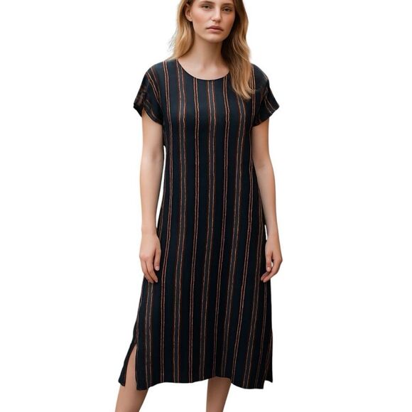 Saltwater Luxe Navy Blue With Gold Stripes Shift Midi Dress | M - Picture 1 of 12